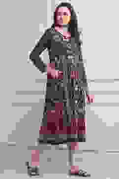 Rust Cotton Blend Flared Printed Dress image number 4