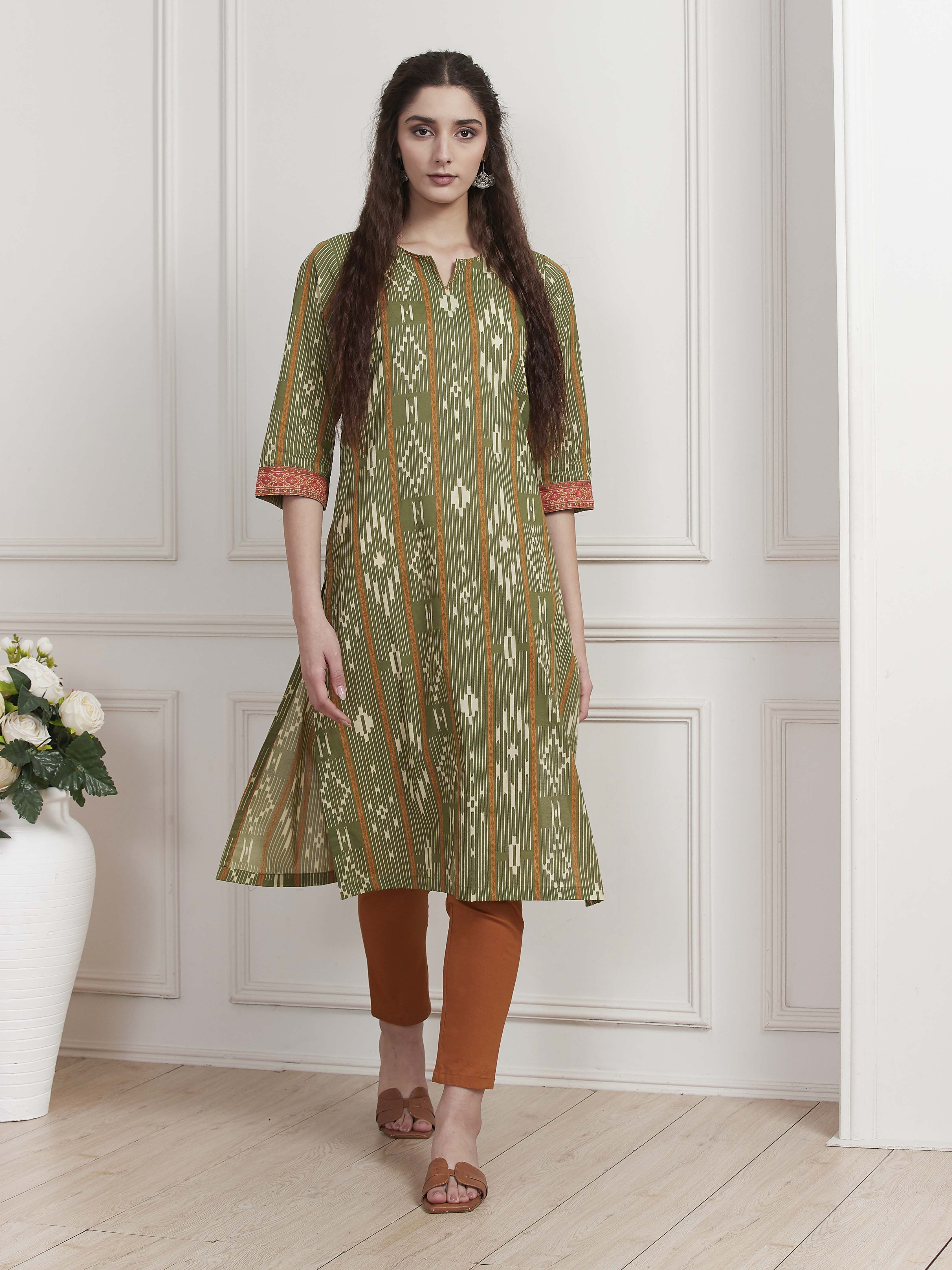 Green Cotton Printed Straight Kurta image number 6