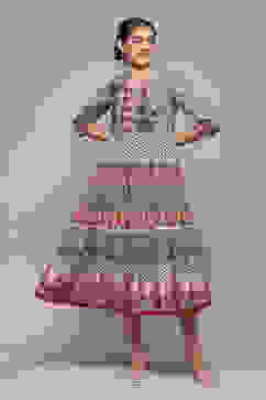 Grey Cotton Tiered Printed Dress image number 5