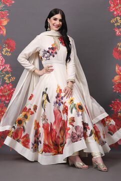 Rohit Bal Off White Cotton Silk Anarkali Printed Suit Set image number 7