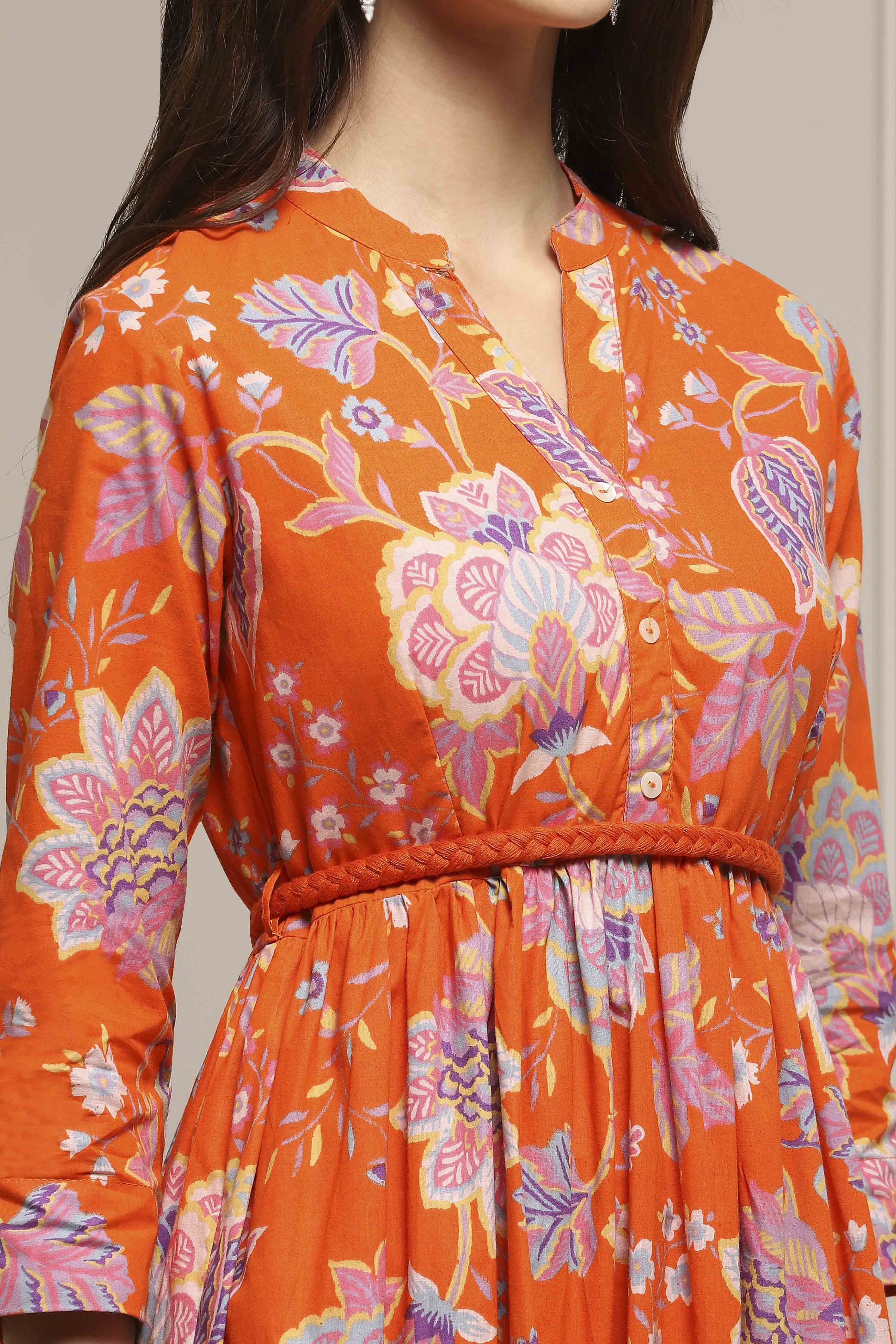 Orange Cotton Floral Tiered Dress image number 1