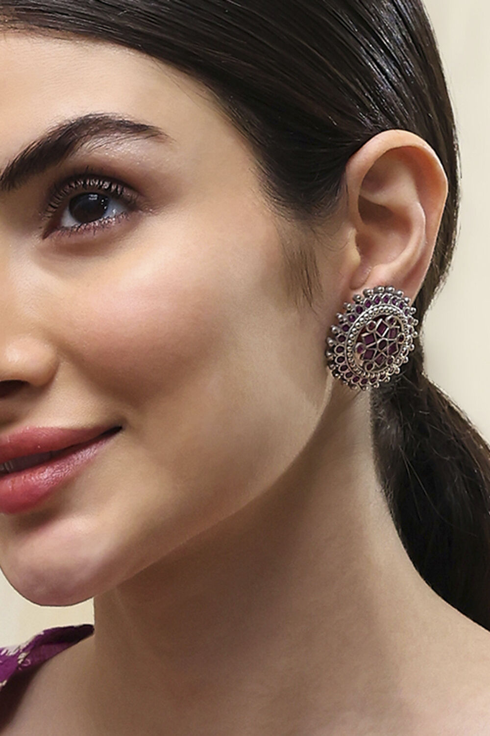 Pink Oxidised Stone-Studded Studs image number 1