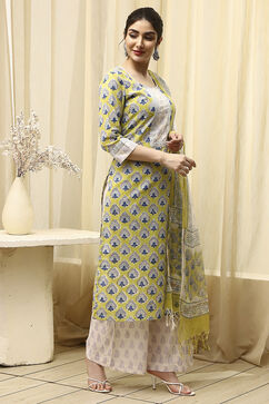 Lime Green Cotton Hand Block Print Unstitched Suit Set image number 6