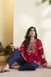 Red Cotton Silk Embroidered Full Sleeve Kurti