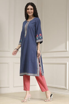 Indigo Blue Cotton Printed Straight Kurta image number 2