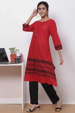 Red Cotton A Line Kurta image number 2