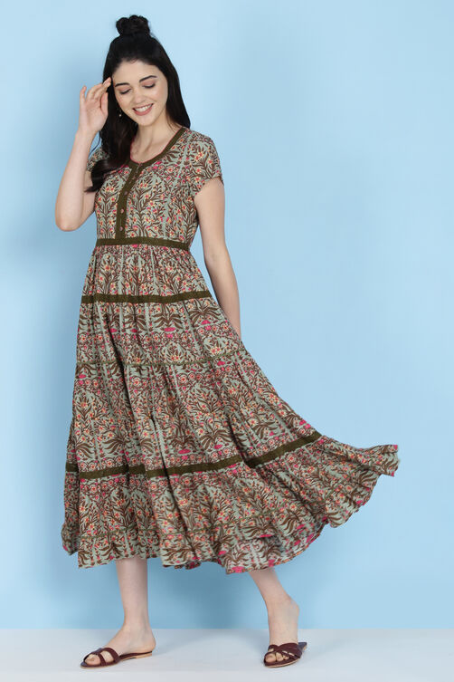 Sage Green Cotton Fusion Wear Dress image number 5