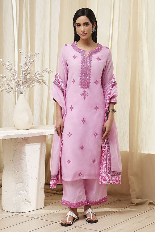 Pink Embroidered Straight Suit Set image number 6