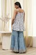 White and Blue Cotton Floral Flared Suit Set image number 4