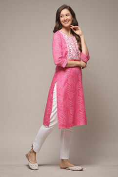 Pink Cotton Blend Straight Printed Kurta image number 4