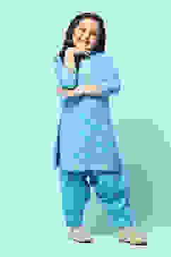 Blue Cotton Straight Printed Kurta Patiala Salwar Suit Set image number 0