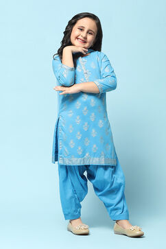 Blue Cotton Straight Printed Kurta Patiala Salwar Suit Set image number 0