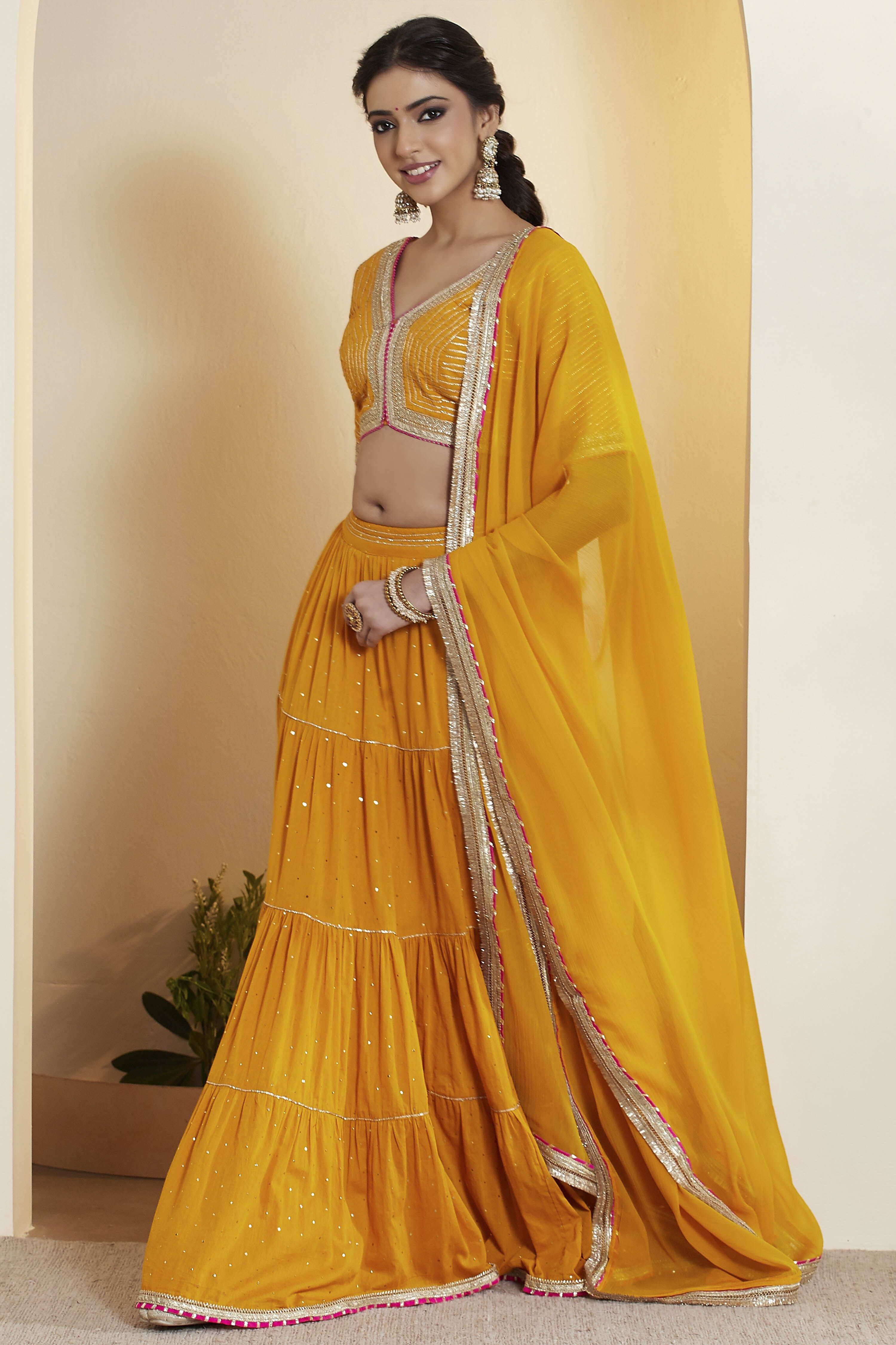 Mustard Cotton Gathered Lehenga Set image number 4