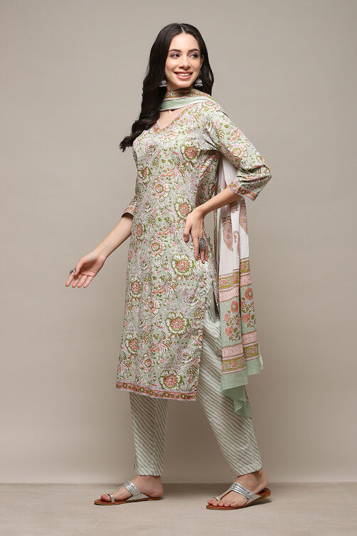 Dull Green Cotton Panelled Unstitched Suit Set image number 6