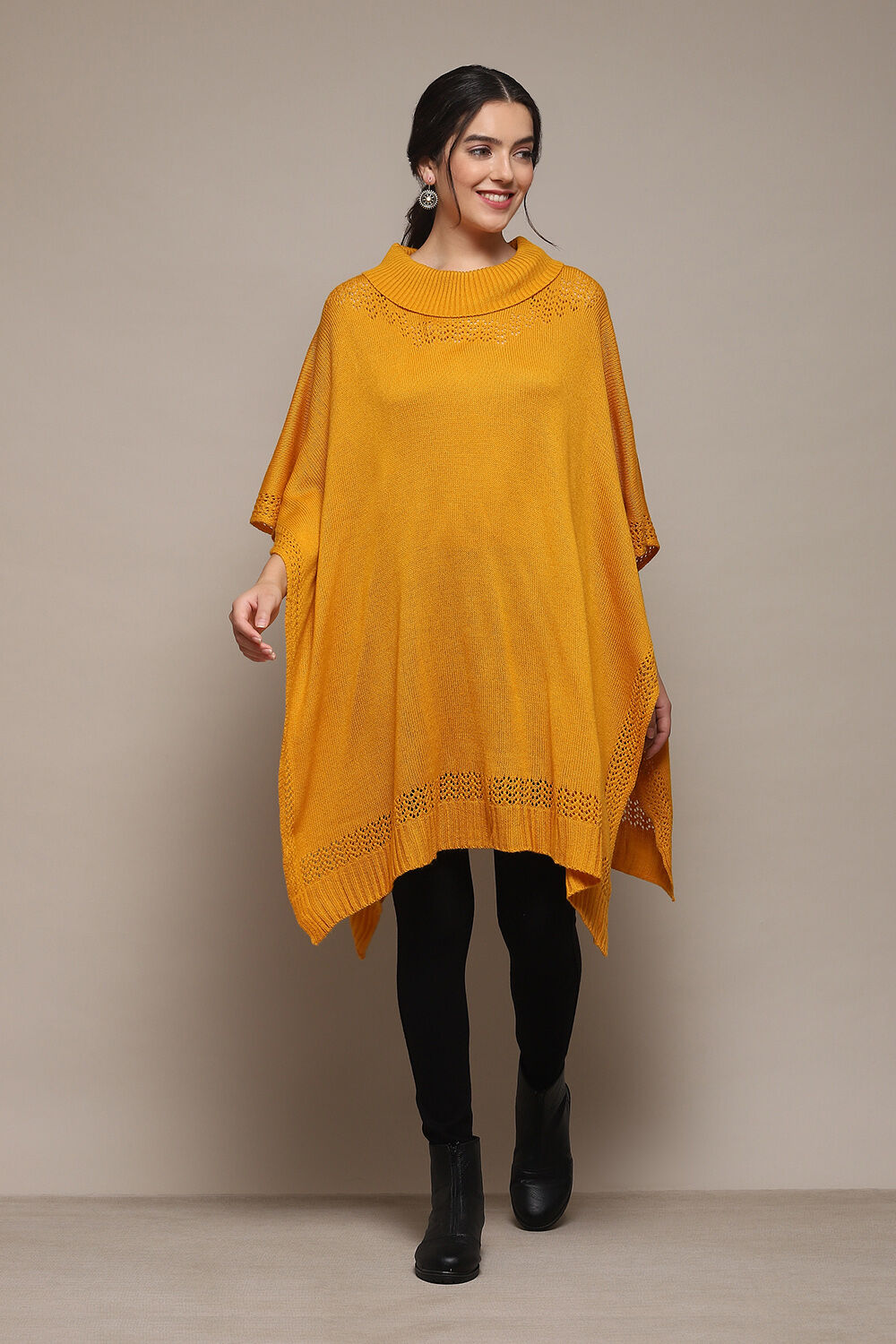 Mustard Acrylic Solid Straight Poncho Sweater image number 3