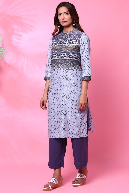 Blue Cotton Straight Printed Kurta image number 3