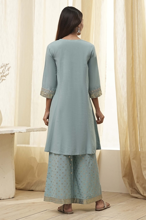 Dull Blue Cotton Embroidered Kalidar Suit Set image number 4