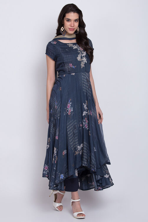 Navy Blue Cotton Silk Flared Kurta Slim Pant Suit Set image number 3