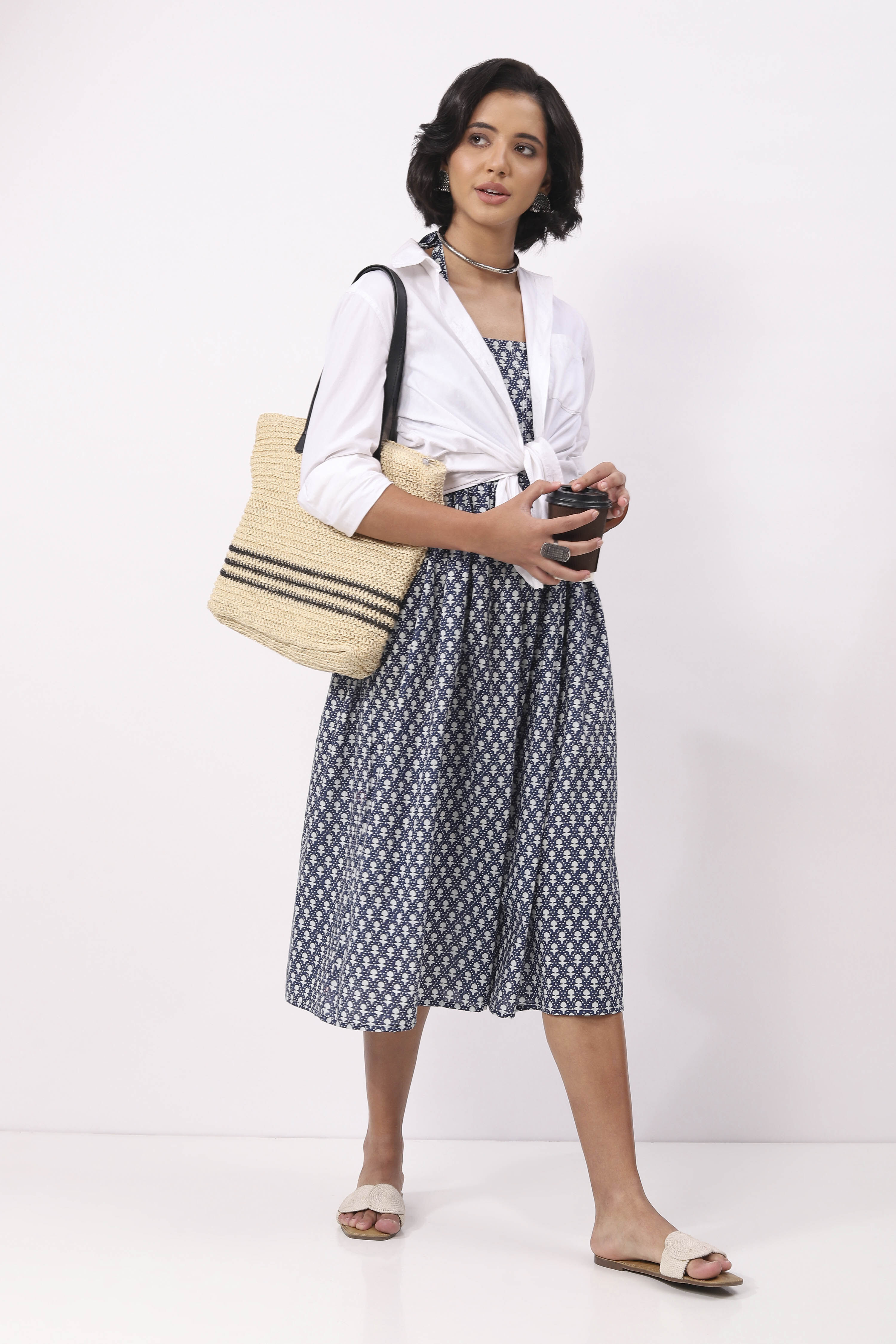 Indigo Cotton Printed Straight Dress image number 6