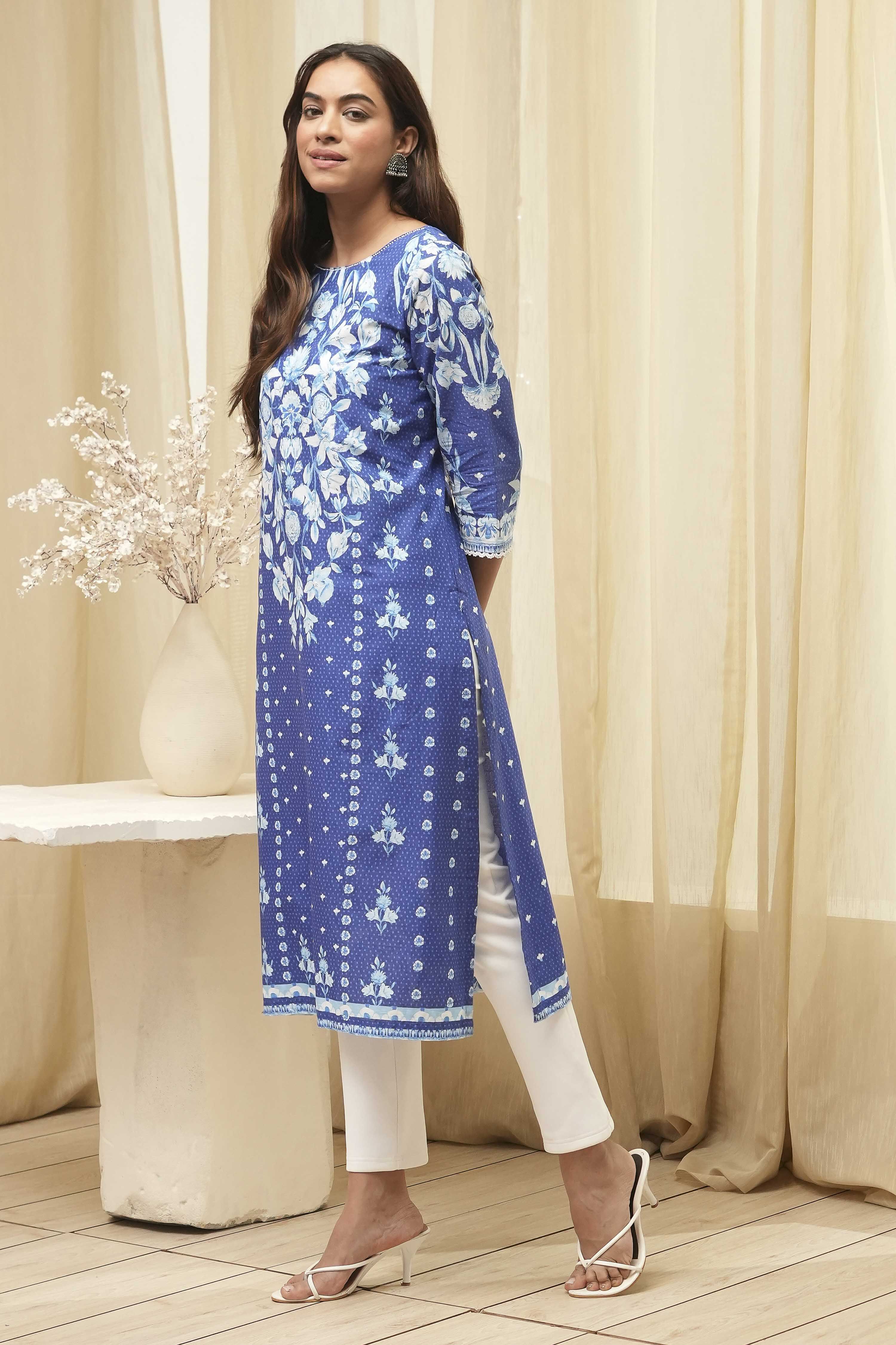 Blue Cotton Printed Straight Kurta image number 3