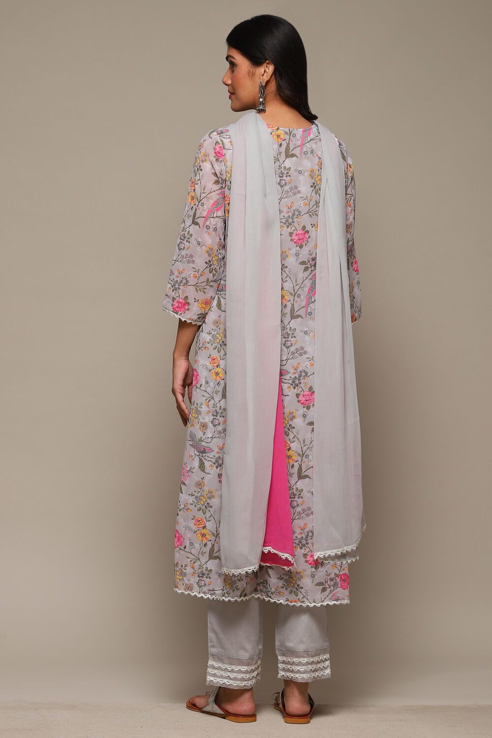 Grey Cotton Blend Kalidar Kurta Pants Suit Set image number 4