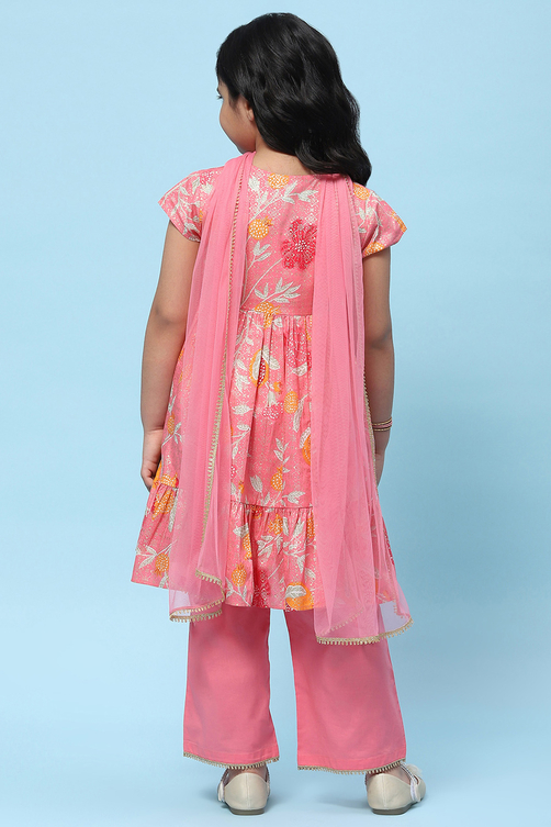 Pink Cotton Floral Printed Gathered Tiered Suit Set image number 5