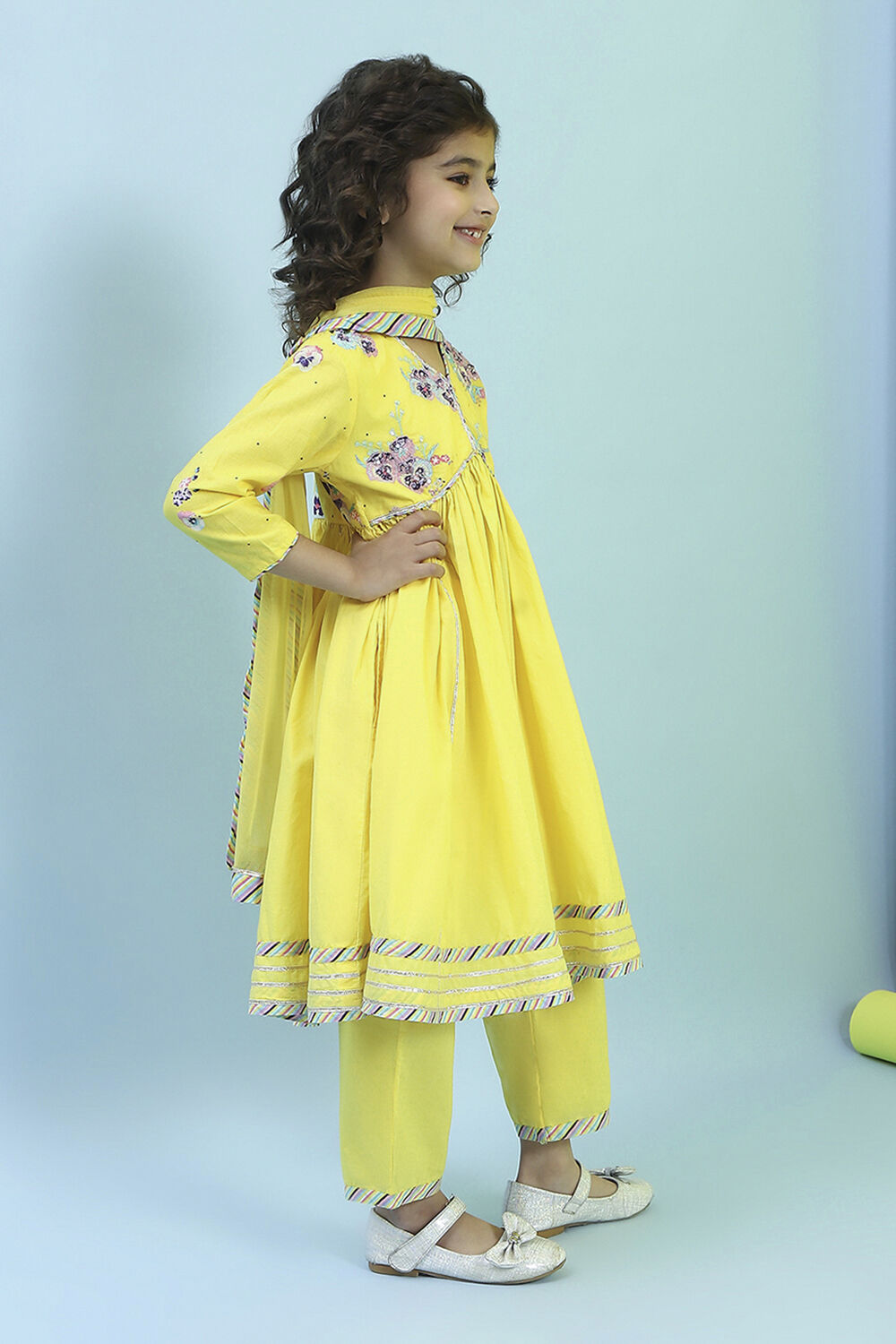 Yellow Cotton Embroidered Gathered Suit Set image number 5