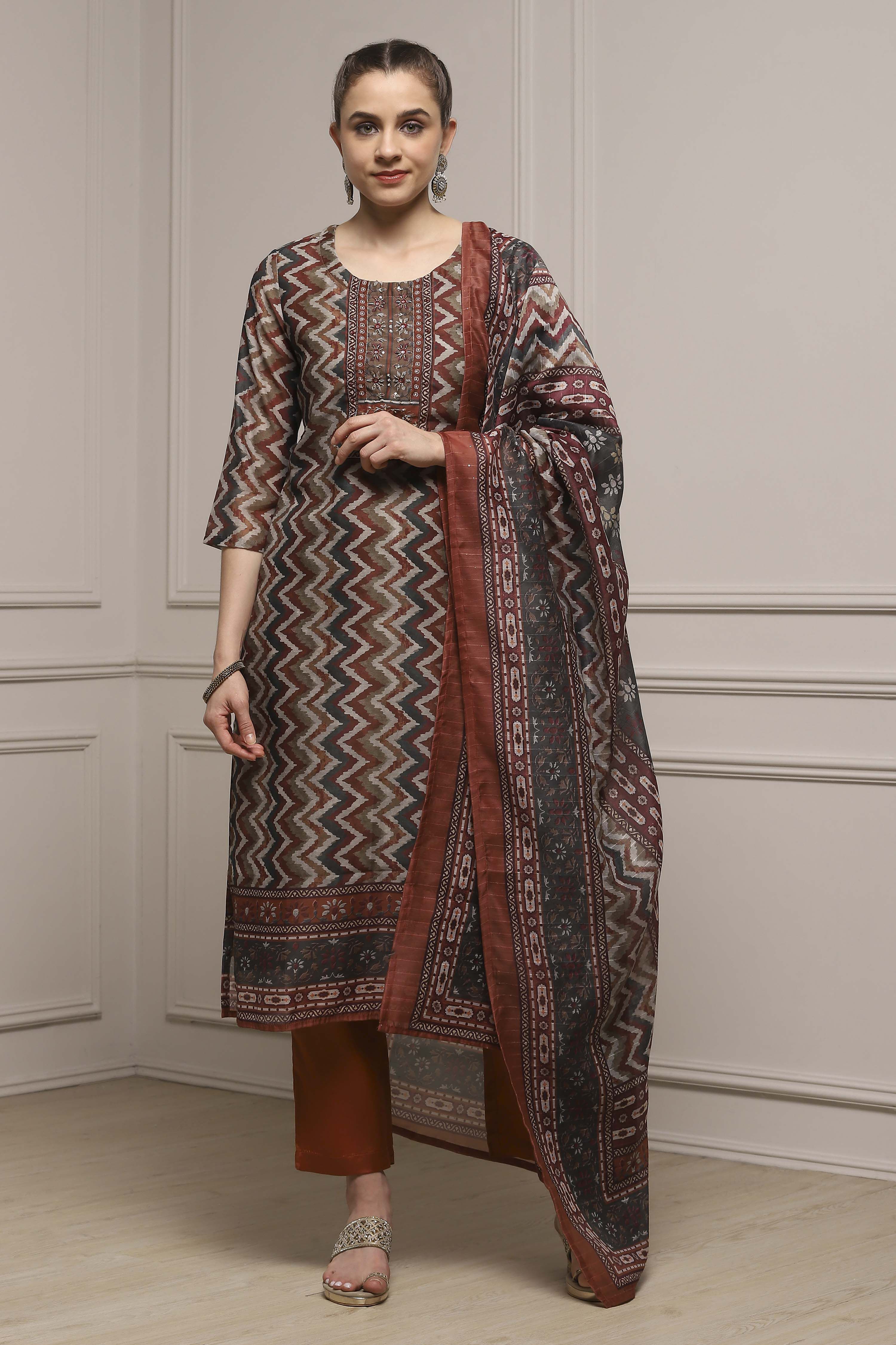 Orange Chanderi Blend Printed Embroidered Unstitched Suit Set image number 1