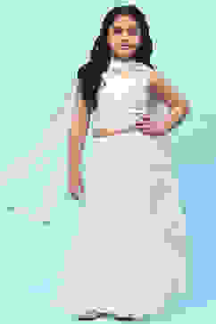 White Poly Chanderi Mirror Work Tiered Lehenga Set image number 0