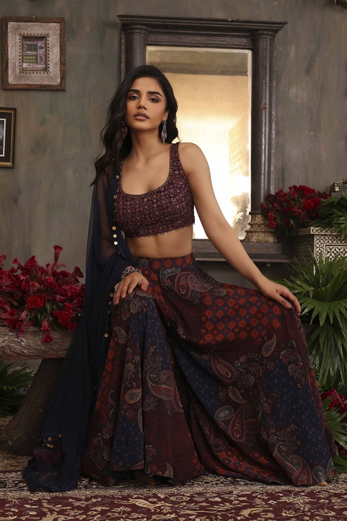 Navy Polyester Dyed Sharara Suit Set image number 0