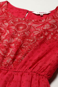 Red Cotton Blend Tiered Printed Dress image number 1