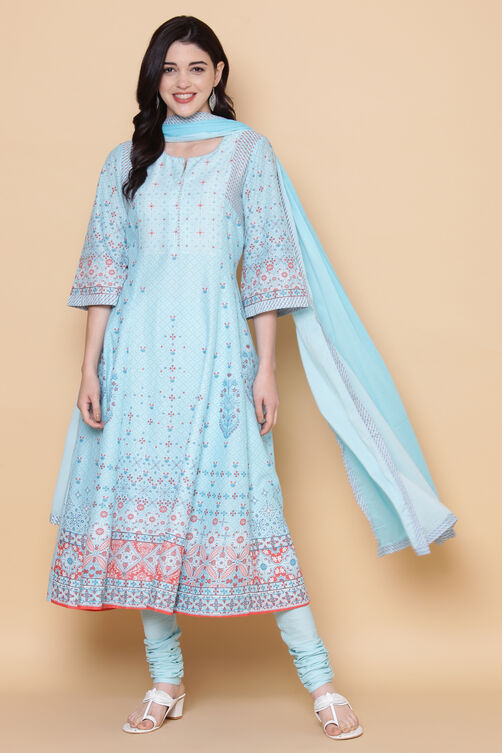 Turquoise Cotton Kalidar Kurta Churidar Suit Set image number 7