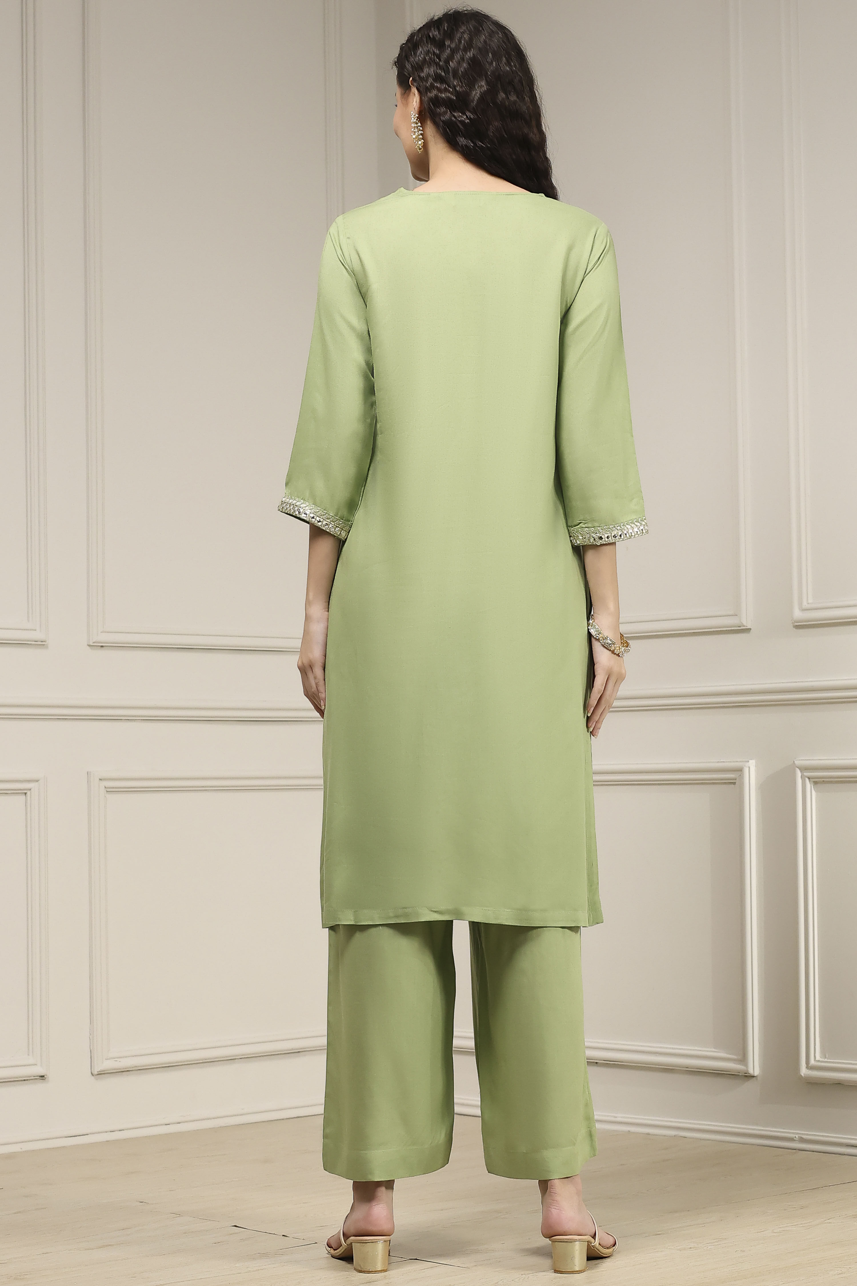 Sage Green Solid Straight Suit Set image number 4