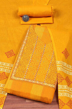 Yellow Cotton Hand Block Print Unstitched Suit Set image number 0