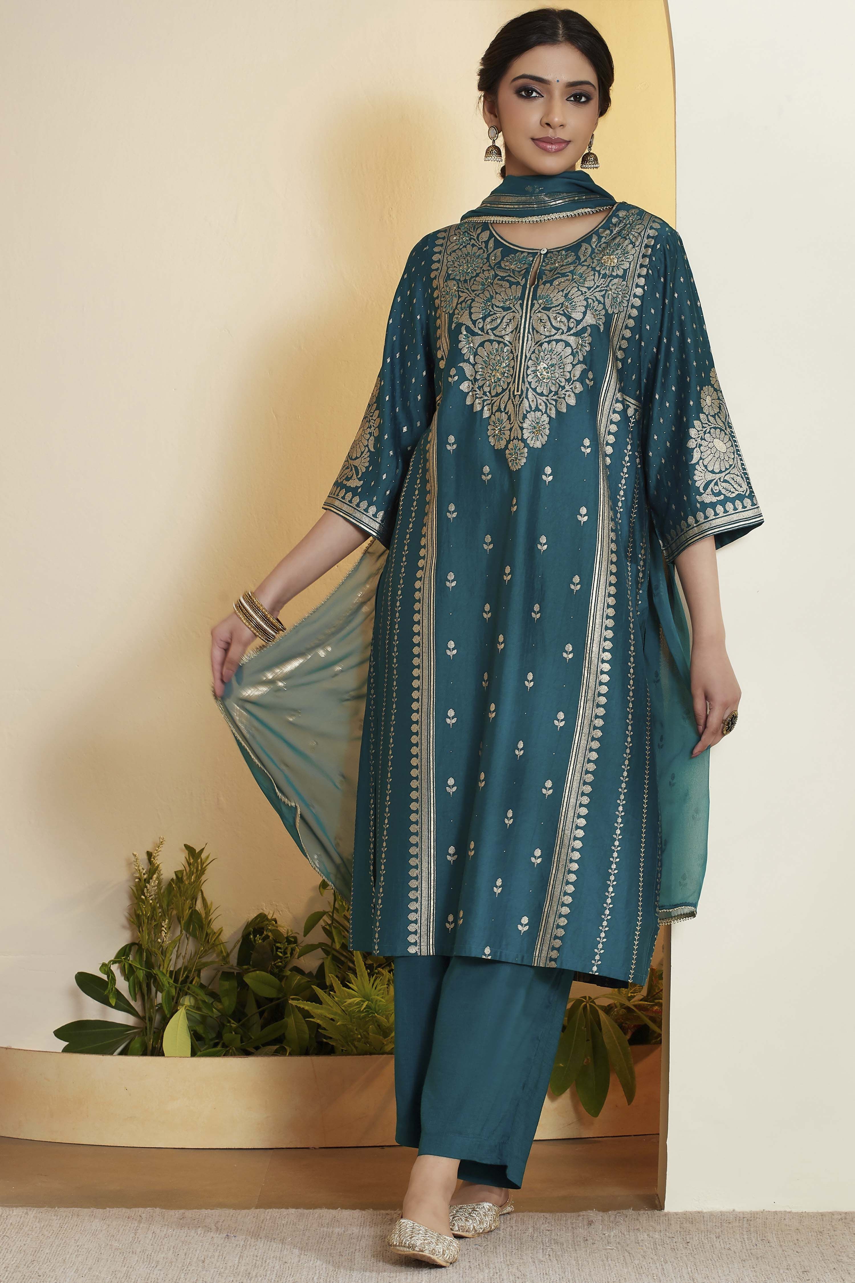 Teal Viscose Blend Embroidered Straight Kurta Set image number 7