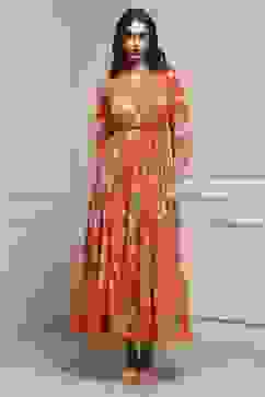 Orange Cotton Floral Tiered Dress image number 5