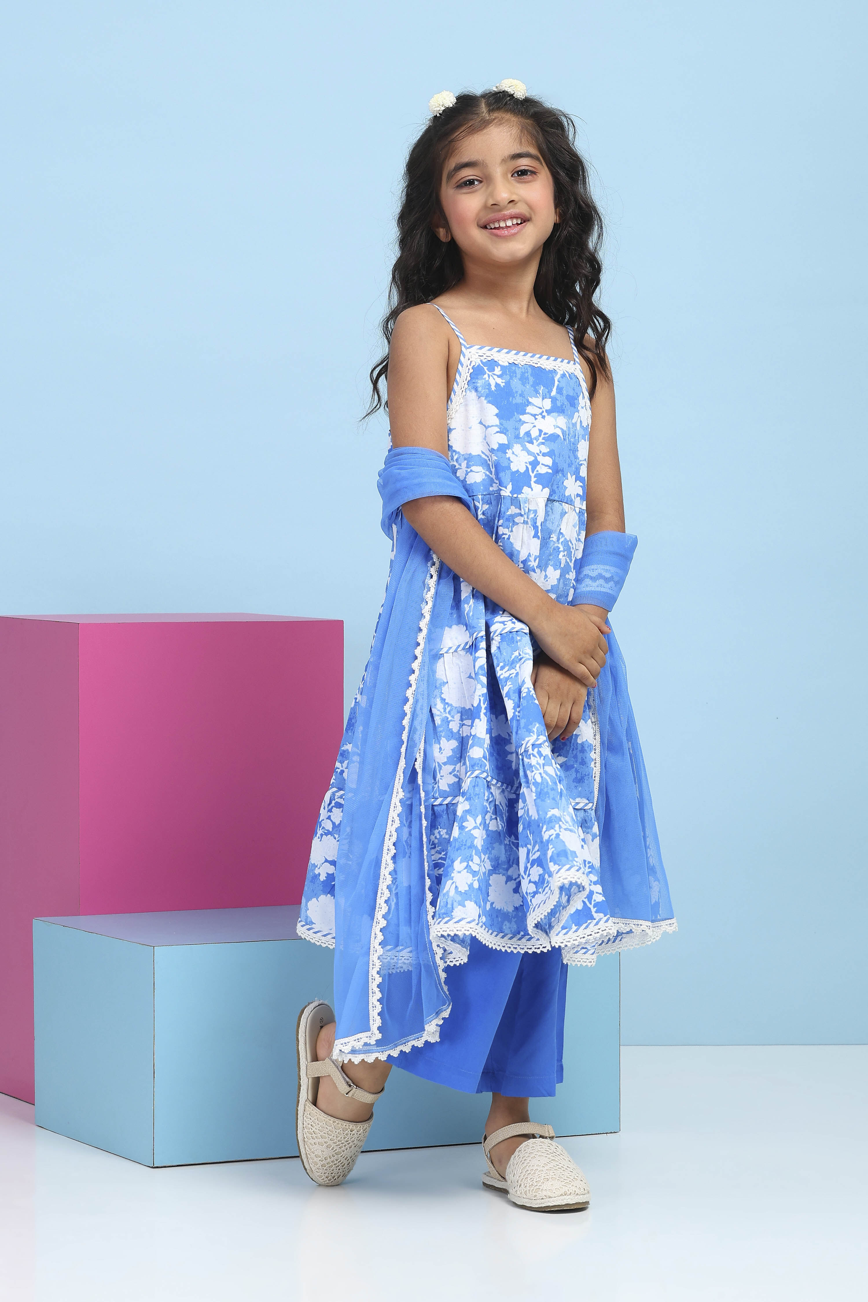 Blue Cotton Printed Tiered Suit Set image number 5