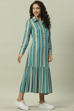 Blue Rayon Flared Printed Dress image number 3