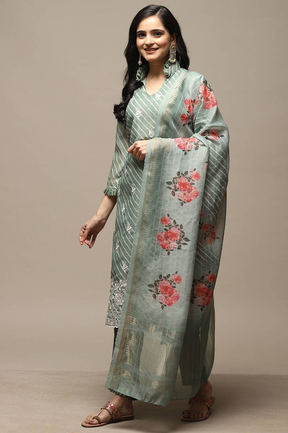 Green Cotton Digital Print Unstitched Suit Set image number 4