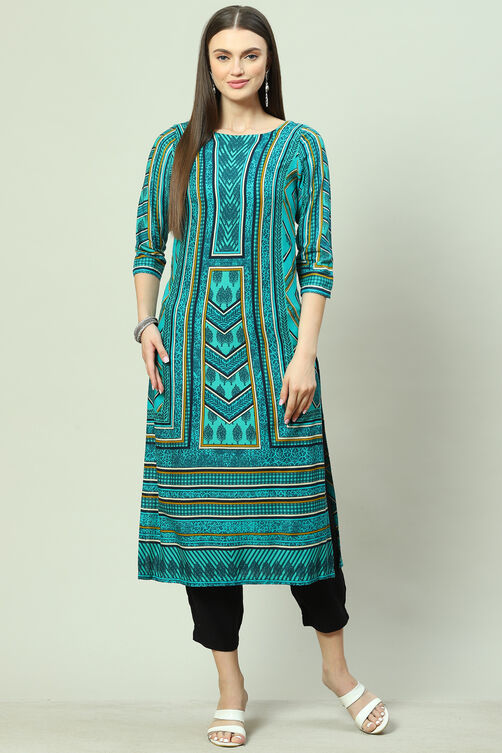 Turquoise LIVA Straight Printed Kurta image number 0