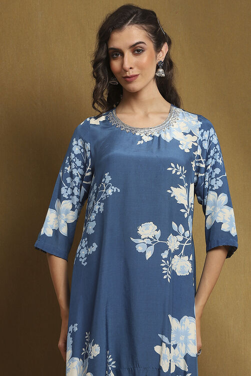 Coral Modal Floral Printed Asymmetric Kurta Set image number 7