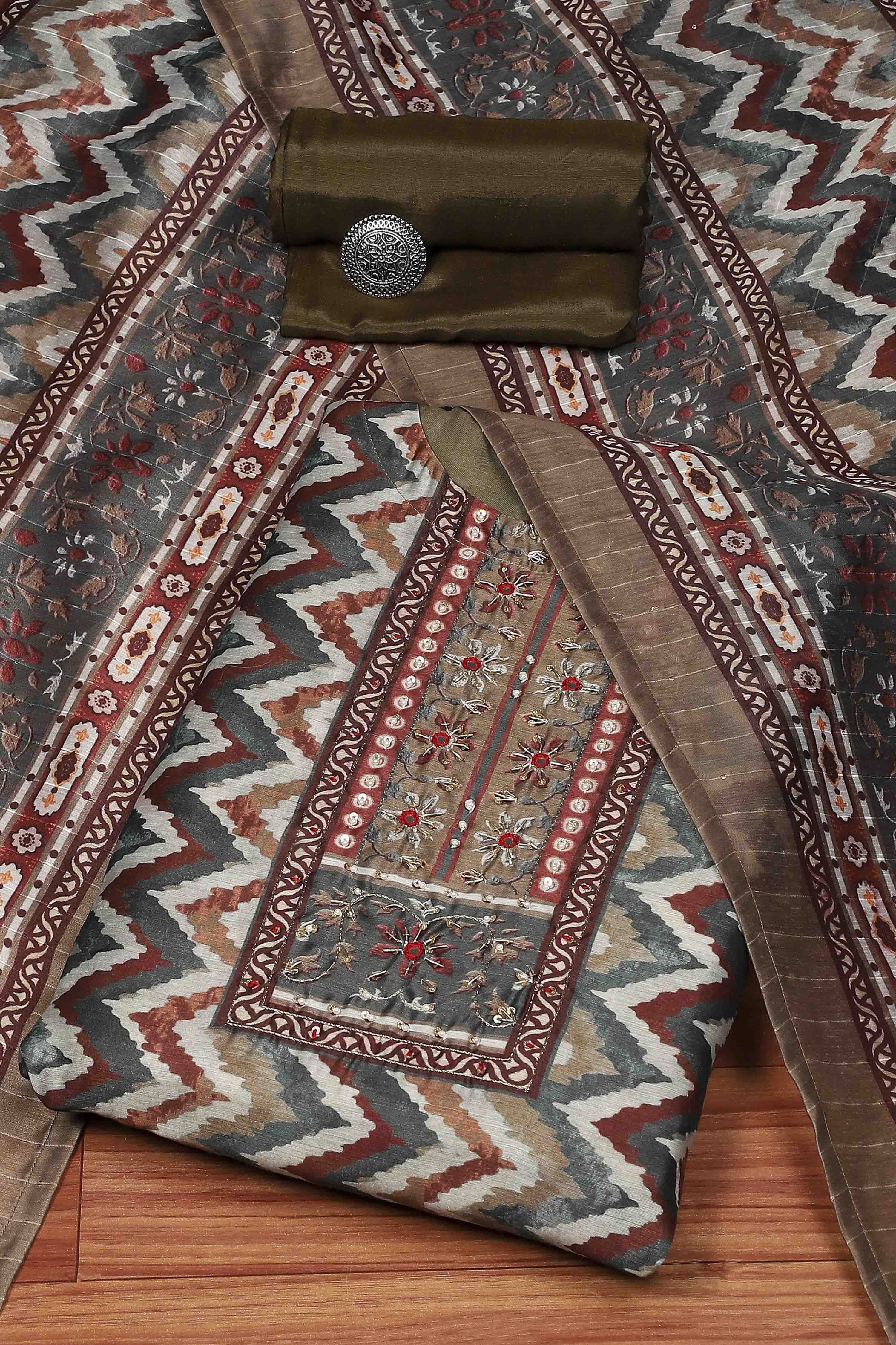 Orange Chanderi Blend Printed Embroidered Unstitched Suit Set image number 0