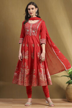 Red Floral Printed Festive Anarkali Suit Set image number 0