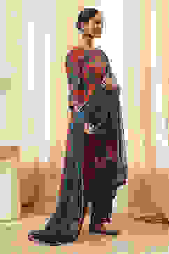 Teal Floral Printed Asymmetric Suit Set image number 5