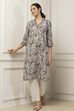 Grey & White Cotton Floral Printed Straight Kurta image number 0