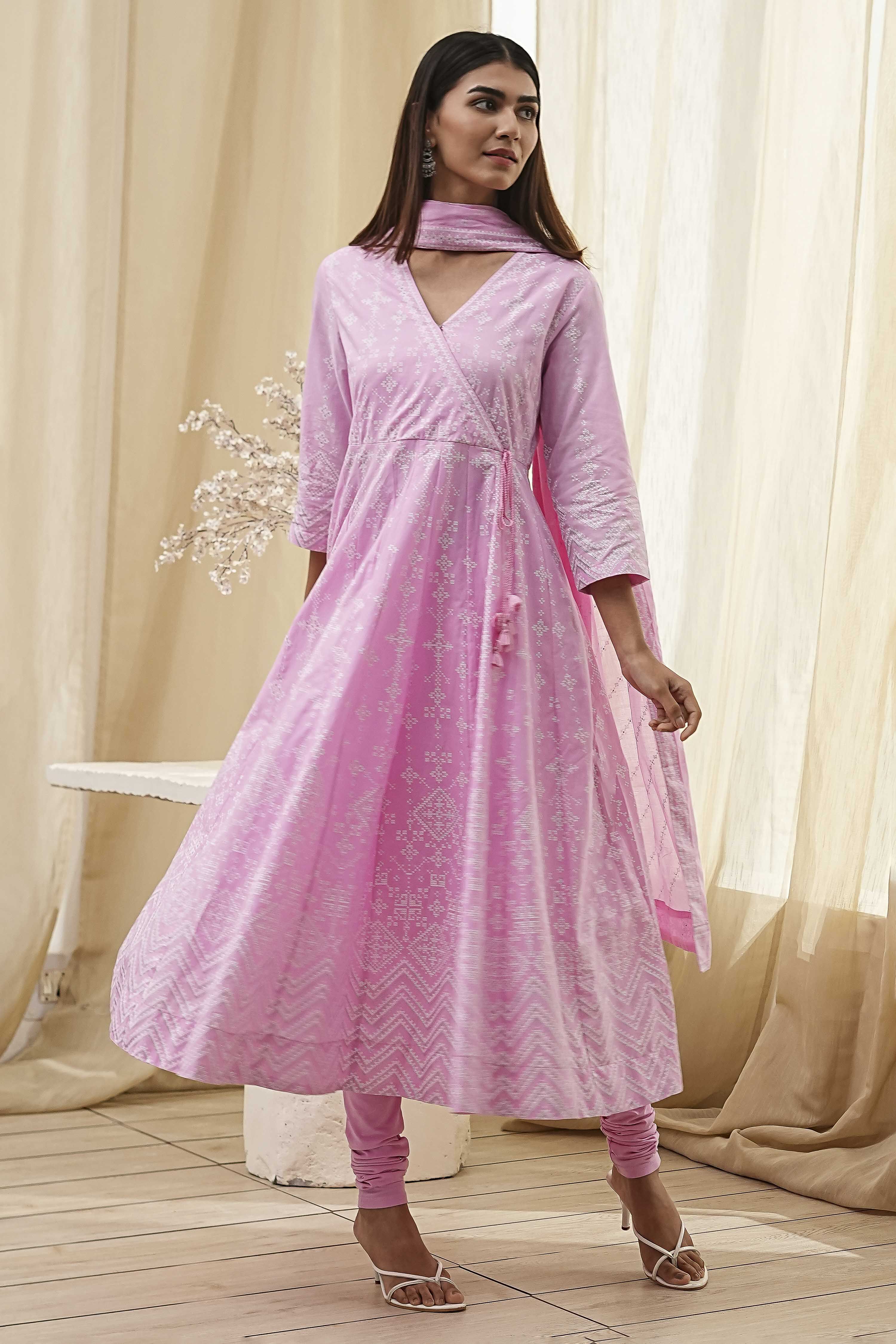 Pink Cotton Anarkali Suit Set image number 0