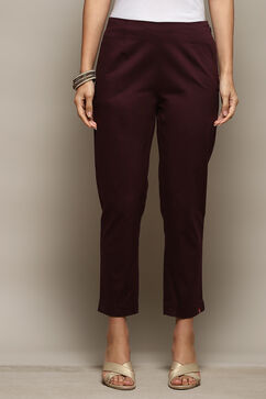 Dark Purple Cotton Slim Solid Pants image number 5