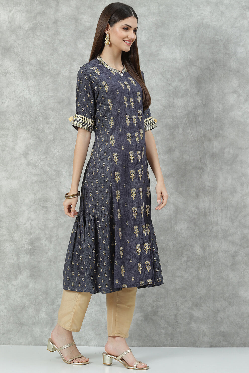Denim Blue Rayon A-Line Printed Kurta image number 3