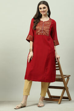 Cherry Red Poly Metallic A-Line Yarndyed Kurta image number 0