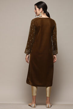 Brown Poly Velvet Straight Printed Kurta image number 3